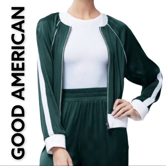 GOOD AMERICAN Emerald Green & White Satin Bomber Jacket, Size 1 - Picture 1 of 8